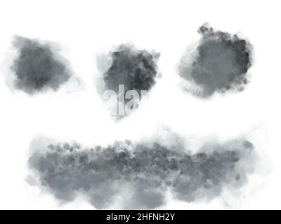 La consistenza del fumo grigio su sfondo bianco: Nuvole isolate di fumo su sfondo bianco. Fuma nuvole per il design. Foto Stock
