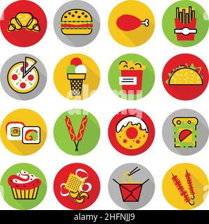 Disegno vettoriale moderno piatto sottile, icone set di alimenti e snack poco sani, per grafica e web design Illustrazione Vettoriale