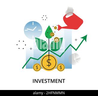 Illustrazione vettoriale del disegno sottile piatto moderno, concetto infografico di investimento al processo di finanza e di affari, per disegno grafico e di fotoricettore Illustrazione Vettoriale