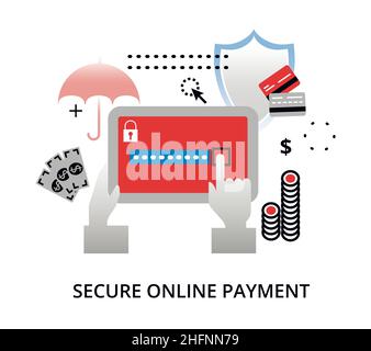 Disegno moderno flat vettoriale, concetto di pagamento online sicuro, per grafica e web design Illustrazione Vettoriale