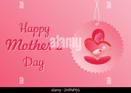 Happy Mamma's Day biglietto di auguri poster invito con un adesivo appeso, etichetta, badge. Giorno della madre, giorno della mamma, vettore del bambino coccolante della mamma Illustrazione Vettoriale