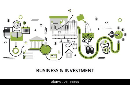 Design vettoriale moderno, piano e sottile, concetto infografico di business e investimento, per grafica e web design Illustrazione Vettoriale
