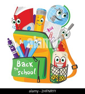 Composizione divertente di oggetti scuola di cancelleria con occhi e sorrisi, concetto di un inizio di un anno educativo a scuola, illustrazione vettoriale per Illustrazione Vettoriale