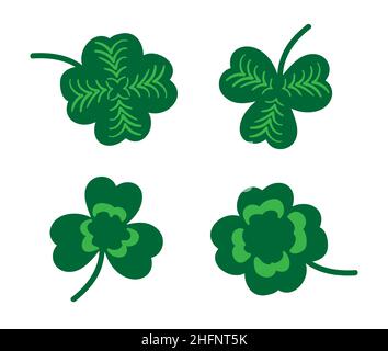 Set di icone vettoriali delle lamelle del trifoglio. Il segno di fortuna e di fortuna per la festa irlandese di san patricks. Shamrock simbolo con tre e quattro foglie Illustrazione Vettoriale