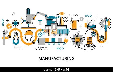 Moderna illustrazione vettoriale del design a linea piatta modificabile, concetto di processo di produzione, per grafica e web design Illustrazione Vettoriale