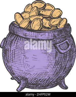 Disegno a mano Saint Patricks Day Vector Illustration. Leprechaun Pot pieno di monete d'oro Abstract Sketch. Disegno di stile di incisione delle vacanze irlandesi Illustrazione Vettoriale