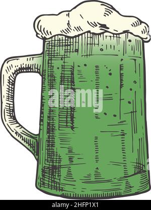 Disegno a mano Saint Patricks Day Vector Illustration. Tazza piena di birra Abstract Sketch. Irish Holiday Engraving Style disegno isolato Illustrazione Vettoriale