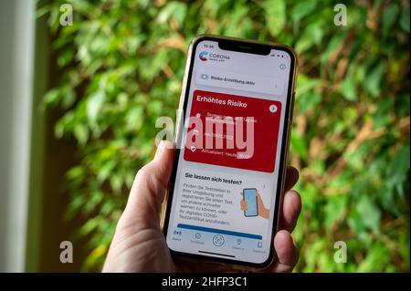 Eine Hand hält ein smartphone mit einer Infektionswarnung im Corona-App Display Foto Stock