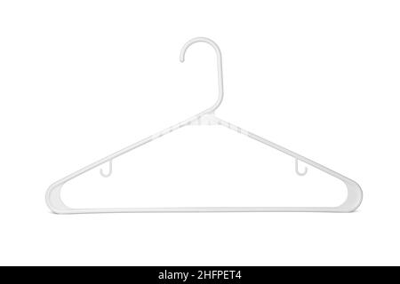 Appendiabiti bianco vuoto isolato su sfondo bianco. Potenziale spazio di copia sopra e all'interno degli appendiabiti. Appendiabiti in primo piano Foto Stock