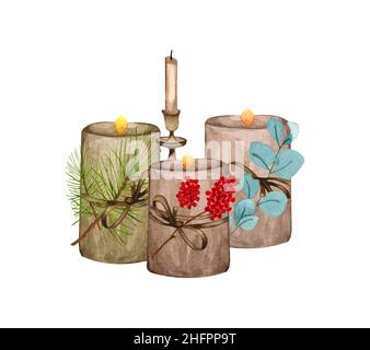 Decorazioni natalizie di candele e albero d'inverno. Acquerello composizione di Natale. Candela acquerello con arredamento. Illustrazione invernale dipinta a mano Foto Stock