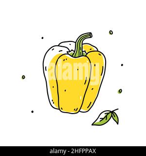 Peperone giallo isolato su sfondo bianco. Cibo sano biologico. Illustrazione vettoriale disegnata a mano in stile doodle. Perfetto per carte, logo, decorazioni, ricette, vari disegni. Illustrazione Vettoriale