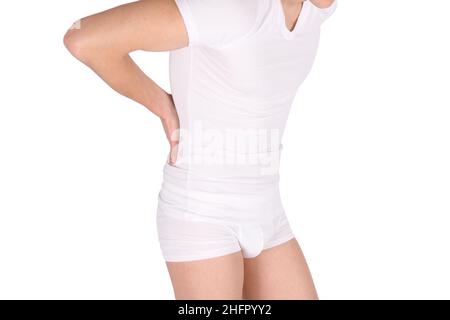 Mal di schiena. Concetto di mal di schiena, uomo che soffre di mal di schiena, zona infiammata rossa. Dolore nel corpo dell'uomo con puntini rossi isolati su sfondo bianco. Giunto Foto Stock