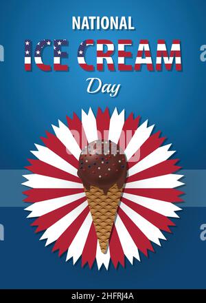 Poster patriottico USA National Ice Cream Day con scritta e cono gelato. Festa americana, terza Domenica di luglio. Banner modello vettoriale, volantino Illustrazione Vettoriale
