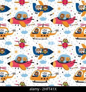 Animali piloti modello senza giunture. Stampa carina con personaggi aviatori felici. Mammiferi che volano velivolo. Aerei ed elicotteri colorati con Illustrazione Vettoriale
