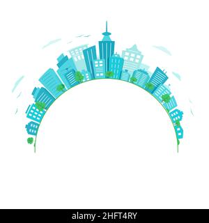 Concetto di città verde. Panorama rotondo degli edifici della città. Verde ecologico paesaggio urbano . Illustrazione Vettoriale