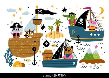Cute baby animali barche. Trasporto marittimo e oceanico per bambini con divertenti personaggi cartoni animati. Pirati nautici con teschi e sciabole. Nave a vela e corsair Illustrazione Vettoriale