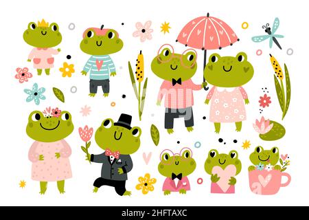 Rane carine. Divertenti personaggi di rana animate allegre, animali di famiglia in abiti, coppie romantiche e bambini, rospi e anfibi, paludi acquatiche Illustrazione Vettoriale