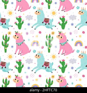 Simpatici elementi lama motivo senza cuciture. Rosa e blu divertenti alpaca e cactus, trendy animali soffici isolati su sfondo bianco. Decorazioni per bambini Illustrazione Vettoriale