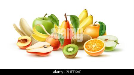 Frutta succosa. 3D appetitose pere fresche, banane e mele. Pesca intera e mezza pesca. Vitamina kiwi e arancia. Cibo vegetariano naturale realistico. Pianta Illustrazione Vettoriale