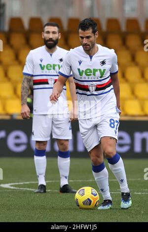 Alessandro Garofalo/LaPresse 07 febbraio 2021 Benevento, Italia sport soccer Benevento vs Sampdoria - Campionato Italiano Calcio League A TIM 2020/2021 - Stadio Vigorito. Nella foto: Antonio Candreva Sampdoria Foto Stock