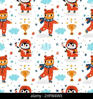 Animali sportivi senza cuciture. Atleti carini e coppe vincenti d'oro. Figura pattinaggio e hockey su ghiaccio. Pinguino e orso sui pattini. Giochi sportivi invernali Illustrazione Vettoriale