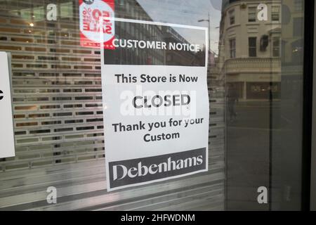 debenhams negozio chiuso avviso nella finestra Liverpool Inghilterra UK Foto Stock