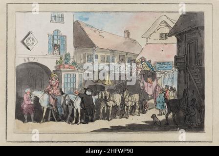 Scendi allenatore e cavalieri nel cortile di una locanda 1789. Artista: Thomas Rowlandson (1756-1827) artista e caricaturista inglese dell'epoca georgiana. Osservatore sociale, è stato un artista prolifico e tipografo. Credit: Thomas Rowlandson/Alamy Foto Stock