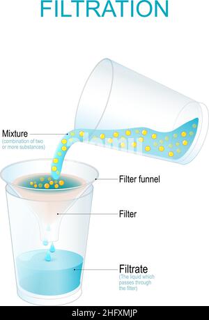 Filtrazione. Esperimento fisico. Processo di separazione che separa materia solida e fluido da una miscela utilizzando un filtro. Illustrazione vettoriale Illustrazione Vettoriale
