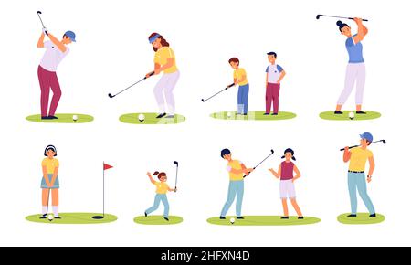 Personaggi dei giocatori di golf. Golfisti di diverse età, uomini felici, donne e bambini con club di golf, sport per la famiglia attività all'aria aperta estiva, giocare Illustrazione Vettoriale