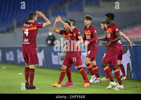 Fabio Rossi/AS Roma/LaPresse 15/05/2021 Roma (Italia) Sport Soccer Roma-Lazio Campionato Italiano di Calcio Serie A Tim 2020/2021 - Stadio Olimpico nella foto: Festeggia come Roma Foto Stock