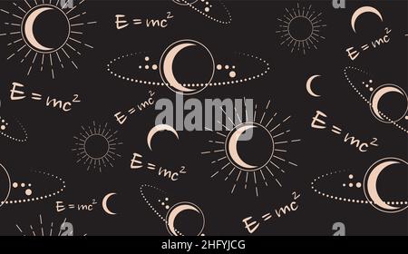 Modello senza giunture vettoriale spaziale con velocità fisica della formula di luce e=MC2. Luna, sole, stelle, orbite, aerei. Magico simbolo pagano Wicca. Alchimia vettoriale Illustrazione Vettoriale