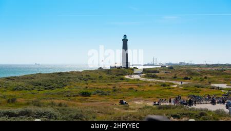 Skagen, Danimarca - luglio 10 2019: Il faro grigio, Det Grå Fyr, a Grenen.. Foto Stock