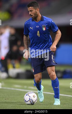 LaPresse - Fabio Ferrari 04 giugno 2021 Bologna, Italia sport soccer Italia vs Repubblica Ceca - partita amichevole - Stadio 'Dall'Ara' di Bologna. Nella foto: Leonardo Spinazzola (Italia) Foto Stock