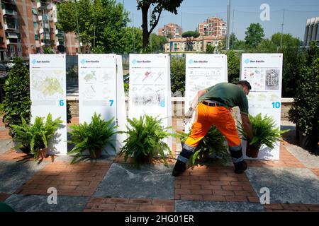 Mauro Scrobogna /LaPresse 14 giugno 2021 Roma, Italia News Presentazione del programma pilota per il rilancio di San Basilio nella foto: Preparazione dell'iniziativa al Parco delle balene Foto Stock