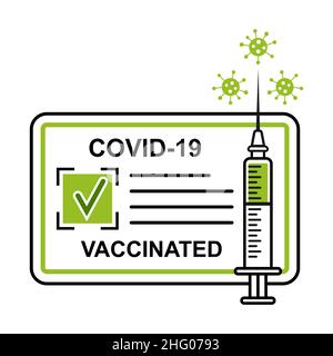 Certificato di vaccinazione o passaporto del vaccino Covid-19, icona del pass verde. Certificazione vaccinata. Documento medico inoculazione coronavirus. Vettore Illustrazione Vettoriale