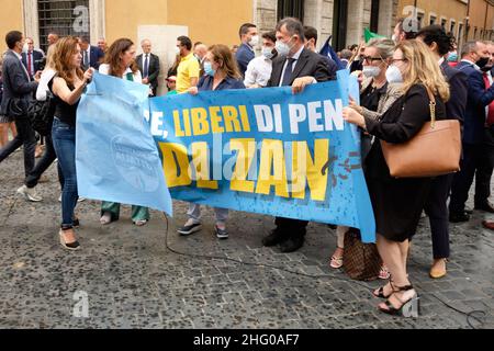 Mauro Scrobogna /LaPresse 13 luglio 2021&#xa0; Roma, Italia Politica omofobia - contro la DDL Zan nella foto: Fratelli d'Italia i parlamentari FDI dimostrano presso il Senato dove inizia l'esame della DDL Zan Foto Stock