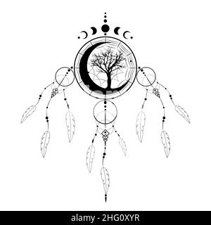 dreamcatcher con ornamento di mandala, albero della vita e fasi lunari. Luna Crescent, simbolo mistico nero, arte etnica con segno boho indiano nativo americano Illustrazione Vettoriale