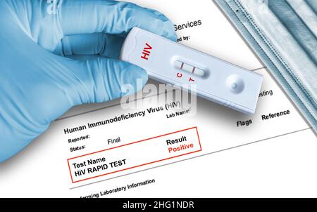 Risultato del test dell'antigene positivo per l'HIV utilizzando un dispositivo di auto-test rapido tenuto a mano in un guanto medico con maschera medica in background. Foto Stock