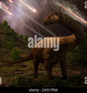 Un dinosauro guarda i meteori che piovono giù che precederebbero il più grande attacco di asteroide che porterebbe all'estinzione dei dinosauri 65 MYA. Foto Stock