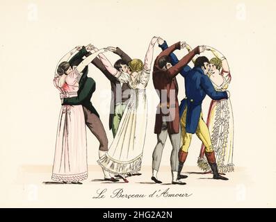 Signori e Signore che giocano il gioco del bacio, Cradle of Love. Le coppie collegano le mani e formano gli archi per intrappolare gli altri come loro sotto. La libertà è garantita con un bacio. Le Berceau d'Amour. Litografia a mano di Henry Rene d’Allemagne, ricreazioni e passe-Temps, Giochi e passatempi, Hachette, Parigi, 1906. Foto Stock