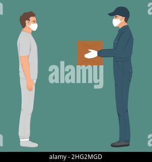 uomo di consegna in maschera e incandescente con scatola in mani. Corriere con ordine. Illustrazione vettoriale Illustrazione Vettoriale