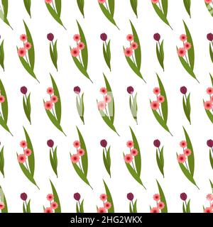 Vintage motivo retrò con foglie e fiori nello stile degli anni '70. Illustrazione vettoriale isolata su sfondo bianco. Illustrazione Vettoriale