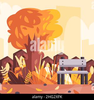 Vista della scena arancione gialla del parco vuoto con panchina durante la stagione autunnale, illustrazione all'aperto con vista del cielo Illustrazione Vettoriale