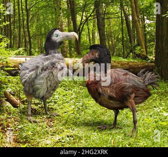 Un'illustrazione di un maschio e femmina Dodo Birds in una foresta.il dodo (Raphus cullatus) è un uccello estinto senza luce. Foto Stock