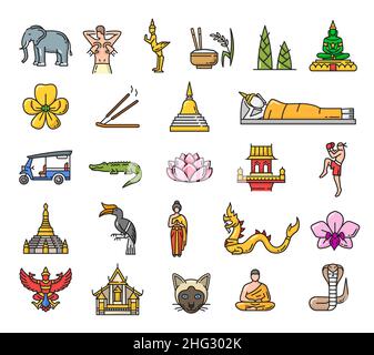 Thailandia punti di riferimento, cultura e religione icone linea. I simboli di architettura, religione e natura thailandesi delineano icone vettoriali con animali, fiori e foo Illustrazione Vettoriale