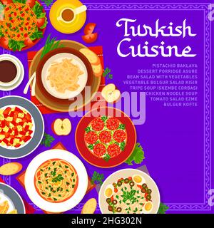 Modello di copertina del menu della cucina turca con pasti e piatti di tacchino per il ristorante, Vector. Cucina turca, pranzo o cena bulgur kofte, Illustrazione Vettoriale