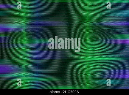 Vecchio schermo del rumore di sgualcio del televisore, sfondo vettoriale delle onde verde e viola. Effetto di distorsione dei disturbi della televisione con linee di disturbo sullo schermo TV, sul computer o. Illustrazione Vettoriale