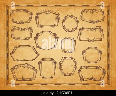 Vecchio rotolo di carta pergamena, manoscritto o mappa. Bandiere medievali e cornici d'epoca. Manoscritto antico, decorazione della mappa del tesoro pirata, schizzo vettoriale Illustrazione Vettoriale