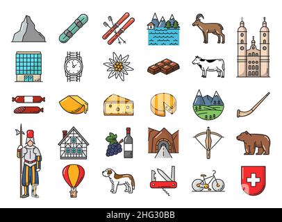 Cibo svizzero, simbolo di storia e icone della linea del popolo con il picco del Cervino, snowboard e sci, guardia svizzera, formaggio e alga, cioccolato, tunnel a Illustrazione Vettoriale