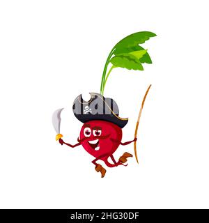 Divertente corsair di verdure emoticon in cappello pirata isolato divertente cartoon personaggio ravanello o barbabietola. Veggie farm vettoriale alimentare, corsair e buccaneer, cu Illustrazione Vettoriale